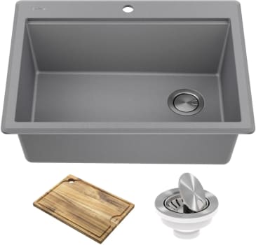 Kraus KGTW1228MGR - 28 Inch Workstation Drop-In Top Mount Single Bowl Kitchen Sink with Accessories
