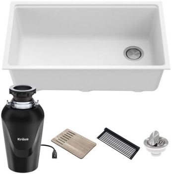 Kraus Bellucci™ KGUW133WH100100 - 32" Undermount Single Basin Granite Composite Kitchen Sink with Drying Rack, Basket Strainer, Cutting Board, and Garbage Disposal