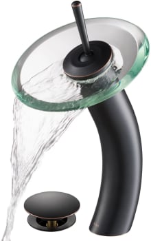 Kraus Vessel Mixer Series KGW1700PU10ORBCL - Waterfall Bathroom Faucet with Clear Glass Disk and Pop-Up Drain in Oil Rubbed Bronze