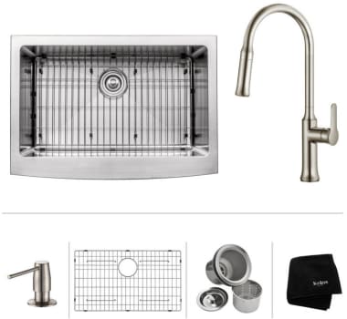Kraus Standart PRO Series KHF20033163042SS - 30" Apron Front Single Bowl Sink with Pull-Down Kitchen Faucet, Soap Dispenser, Dish Grid, Drain and Kraus Towel