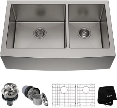 Kraus KHF20336161053SS - 36 Inch Double Bowl Farmhouse Kitchen Sink with Pull-Down Faucet & Soap Dispenser