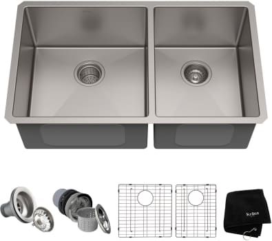 Kraus Standart PRO Series KHU10333 - 33" Undermount 60/40 Double Bowl 16 Gauge Stainless Steel Kitchen Sink with Accessories