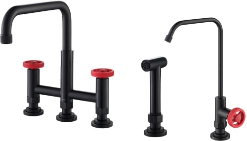 Kraus Urbix KPF3125FF101MBRD - Urbix™ Industrial Bridge Kitchen Faucet and Water Filter Faucet Combo in Matte Black/Red