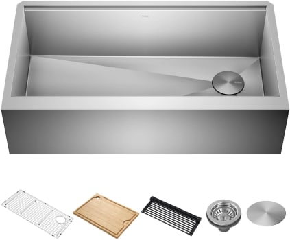 Kraus KWF41036 - 36 Inch Kore™ Workstation Single Bowl Farmhouse Flat Apron Front Stainless Steel Kitchen Sink with Five Piece Chef's Kit