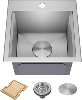 Kraus KWT32115 - 15" Drop-In Top Mount Workstation 16 Gauge Stainless Steel Square Single Bowl Kitchen Bar Sink with Accessories