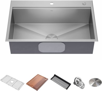 Kraus KWT33033 - 33 Inch Drop-In 16 Gauge Stainless Steel Single Bowl Kitchen Sink with Accessories