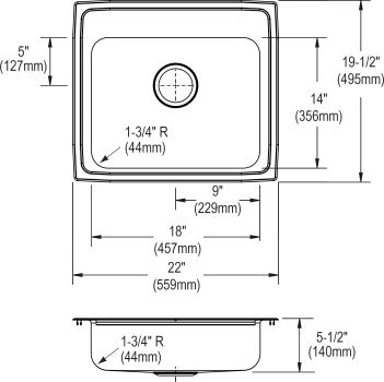Elkay CuVerro LRAD2219555CU - Antimicrobial Copper Single Bowl Drop-In Sink Dimensions