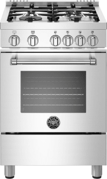 Bertazzoni Mast244gasxe 24 Inch Pro Style Freestanding Gas Range With Soft Motion Door Aluminum Burners Infrared Broiler 19 000 Btu Power Burner Ergonomically Designed Handle Convection Oven Continuous Grates Thermocouple Safety Device And