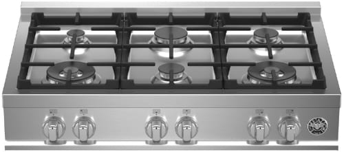 Bertazzoni Mast366rtxe 36 Inch Gas Rangetop With 6 Sealed Monobloc Burners Continuous Cast Iron Grates 2 Power Burners Rapid Burner 2 Medium Burner Simmer Burner Fail Safe Thermocouple Technology Solid Metal Knobs And Ul Certified