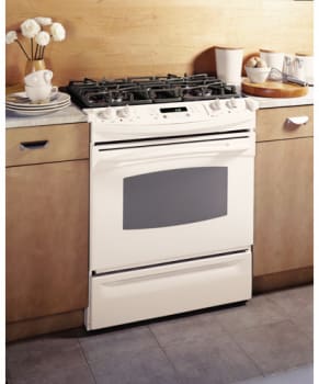 GE JGSP48CHCC 30 Inch Slide in Gas Range with Electronic Ignition Frameless Glass Door Bisque