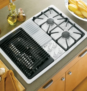 Ge Jgp990welww 30 Inch Downdraft Gas Modular Cooktop With Three Speed Downdraft Ventilation Gas Burner Module 2 Sealed Burners Continuous Grates And Three Different Available Modules Sold Separately White