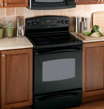 GE JB900BKBB 30 Inch Electric Range with 5 Radiant Elements, Warming Zone,  5.3 cu. ft. Self-Clean Oven, QuickSet V Oven Controls and Warming Drawer:  Black