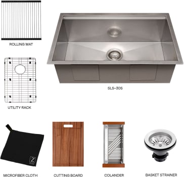 ZLINE SLS30S - 30 Inch Garmisch Undermount Single Bowl Kitchen Sink with Bottom Grid and Accessories