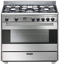 Smeg S9gmxu 36 Inch Freestanding Dual Fuel Range With 4 4 Cu Ft Convection Oven 5 Sealed Burners 8 Cooking Modes Ever Clean Enamelled Interior Electronic Ignition Gas Safety Valves And Ventilated Door