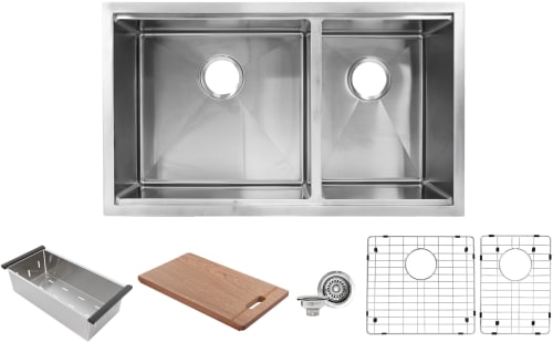Nantucket Sinks Pro Series SRPS3219OS16 - Offset Double Bowl Prep Station Small Radius Undermount Stainless Sink with Accessories
