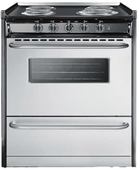 Summit Tem210brwy 30 Inch Freestanding Electric Range With 3 7 Cu Ft Oven Capacity 4 Coil Burners Professional Stainless Steel Handles Black Porcelain Construction Storage Compartment And Ada Compliant