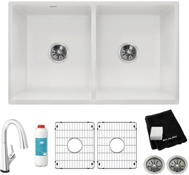 Elkay Fireclay Collection SWUF32189WHFLC - Elkay® Fireclay Double Bowl Farmhouse Sink Kit with Filtered Faucet