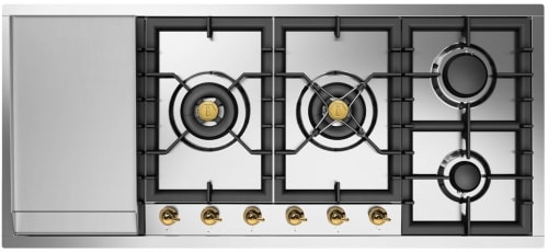 Ilve Nostalgie II Collection UHCPT125FNSSG - Nostalgie II 48 inch Built-In Gas Cooktop with Total Black Brass Burners, in Stainless Steel (6 Sealed Burners + Left Griddle)