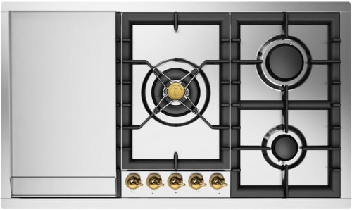 Ilve Nostalgie II Collection UHCPT95FNSSG - Nostalgie II 36 inch Built-In Gas Cooktop with Total Black Brass Burners, in Stainless Steel (5 Sealed Burners + Griddle)