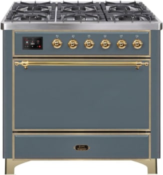 Ilve Majestic II Collection UM09FDQNS3BGGNG - 36 Inch Dual Fuel Liquid Propane Freestanding Range in Blue Grey with Brass Trim