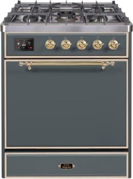 Ilve Majestic II Collection UM30DQNE3BGGNG - Majestic II 30 Inch Dual Fuel Natural Gas Freestanding Range in Blue Grey with Brass Trim