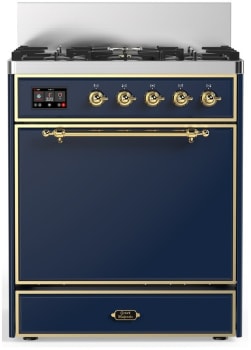 Ilve Majestic III Collection UM30QNR3MBGLP - 30 inch Dual Fuel Range with 5 Black Brass Burners