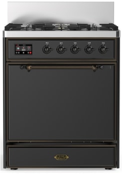 Ilve Majestic III Collection UM30QNR3MGBLP - 30 inch Dual Fuel Range with 5 Black Brass Burners