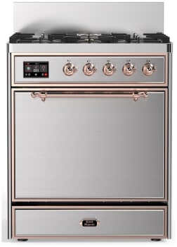 Ilve Majestic III Collection UM30QNR3SSPLP - 30 inch Dual Fuel Range with 5 Black Brass Burners