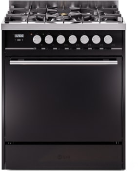 Ilve UP30QMPBKLP 30 Inch Freestanding Dual Fuel Range Solid Door with 5 Sealed Burners 4.0 Cu. Ft. Total Oven Capacity Continuous Cast Iron Grates Soft Closing Door Drawer 9 Cooking Modes and