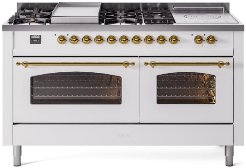 Ilve Nostalgie II Collection UP60FSNMPWHGLP - 60 Inch Freestanding Dual Fuel Range in Front View