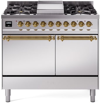 Ilve Nostalgie II Collection UPD40FQNMPSSGLP - 40 Inch Solid Door Freestanding Dual Range with 6 Sealed Burner in Brass Trim