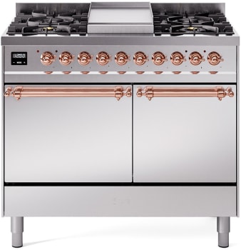 Ilve Nostalgie II Collection UPD40FQNMPSSPLP - 40 Inch Solid Door Freestanding Dual Range with 6 Sealed Burner in Copper Trim