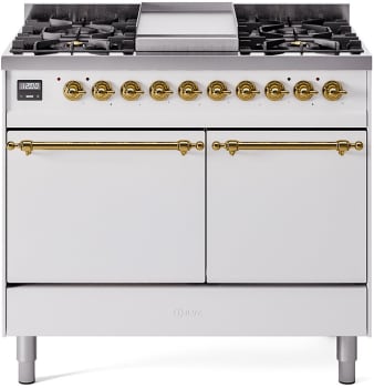 Ilve Nostalgie II Collection UPD40FQNMPWHGLP - 40 Inch Solid Door Freestanding Dual Range with 6 Sealed Burner in Brass Trim