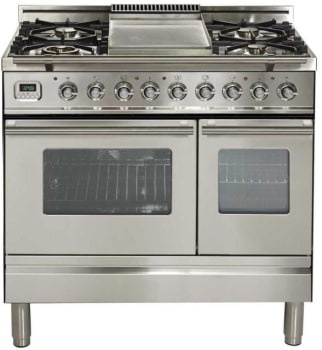 Ilve Updw90fdmpi 36 Inch Dual Fuel Double Range With Digital Clock And Timer Warming Drawer Cast Iron Grates Convection Rotisserie Multi Function And Griddl Stainless Steel