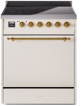 Ilve Nostalgie II Collection UPI304QNMPAWG - 30 Inch Solid Door Freestanding Induction Range in Brass Trim with 4 Elements