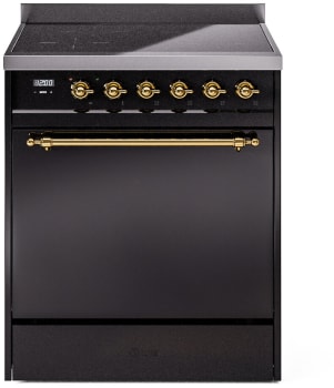Ilve Nostalgie II Collection UPI304QNMPBKG - 30 Inch Solid Door Freestanding Induction Range in Brass Trim with 4 Elements