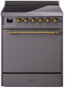 Ilve Nostalgie II Collection UPI304QNMPMGG - 30 Inch Solid Door Freestanding Induction Range in Brass Trim with 4 Elements
