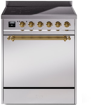 Ilve Nostalgie II Collection UPI304QNMPSSG - 30 Inch Solid Door Freestanding Induction Range in Brass Trim with 4 Elements