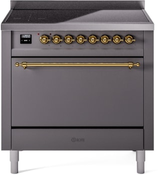 Ilve Nostalgie II Collection UPI366QNMPMGG - 36 Inch Solid Door Freestanding Induction Range in Brass Trim with 6 Elements