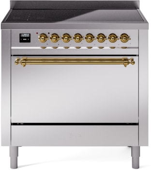 Ilve Nostalgie II Collection UPI366QNMPSSG - 36 Inch Solid Door Freestanding Induction Range in Brass Trim with 6 Elements