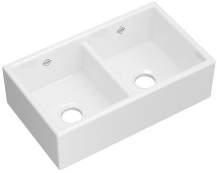 Rohl MS3118WH - 18 Inch Double Bowl Apron Front Fireclay Kitchen Sink with 3 1/2" Drain Connection