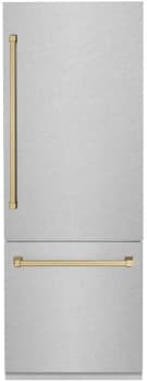 ZLINE Autograph Edition RBIVZSN30CB - ZLINE Autograph Edition 30 in. 16.1 cu. ft. Built-In Bottom Freezer Refrigerator with Water Dispenser and Ice Maker in Satin Stainless Steel with Champagne Bronze Accents (RBIVZ-SN-30-CB) front, closed. 30 Inch Built-in Bottom Freezer Refrigerator