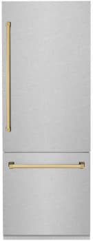 ZLINE Autograph Edition RBIVZSN30G - ZLINE Autograph Edition 30 in. 16.1 cu. ft. Built-In Bottom Freezer Refrigerator with Water Dispenser and Ice Maker in Satin Stainless Steel with Polished Gold Accents (RBIVZ-SN-30-G) front. 30 Inch Built-in Bottom Freezer Refrigerator