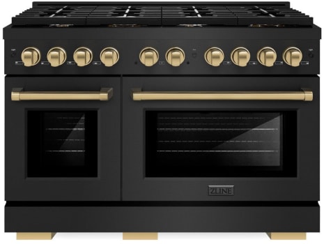 ZLINE autograph Paramount SDRBZ48CB - ZLINE Autograph Edition 48 in. 6.7 cu. ft. Paramount Double Oven Dual Fuel Range with 8 Burner Gas Cooktop in Black Stainless Steel and Champagne Bronze Accents (SDRBZ-48-CB) front, oven closed. 48 Inch Pro-Style Double Oven Dual Fuel Range