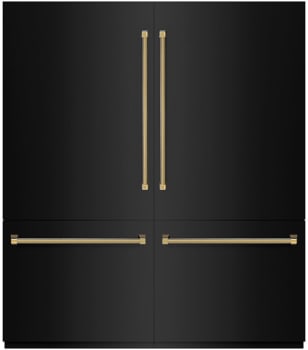 ZLINE Autograph Edition GRBITZBS72KG - ZLINE Autograph Edition 72 in. 39.6 cu. ft. French Door Built-In Bottom Freezer Refrigerator with Water Dispensers and Ice Makers in Black Stainless Steel with Graphite Gray Interior and Polished Gold Helix Handles (GRBITZ-BS-72-KG) front, closed.