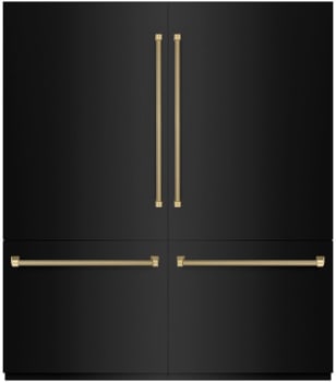 ZLINE Autograph Edition GRBITZBS72KCB - ZLINE Autograph Edition 72 in. 39.6 cu. ft. French Door Built-In Bottom Freezer Refrigerator with Water Dispensers and Ice Makers in Black Stainless Steel with Graphite Gray Interior and Champagne Bronze Helix Handles (GRBITZ-BS72-KCB) front, closed.