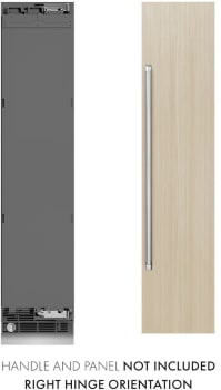 ZLINE RBCFVR18 - ZLINE 18 in. 8.6 cu. ft. Panel Ready Right Hinge Column Freezer with Graphite Gray Interior (RBCFVR-18) unit next to a custom wood panel and handle. Text: Handle and panel not included, right hinge orientation. 18 Inch Freezer Column