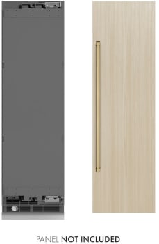 ZLINE RBCRVZ24CB - ZLINE Autograph Edition 24 in. 12.5 cu. ft. Panel Ready Column Refrigerator with Graphite Gray Interior and Champagne Bronze Accents (RBCRVZ-24-CB) front, next to custom panel and handle. Text: Panel not included.