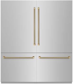 ZLINE Autograph Edition GRBITZ30472KCB - ZLINE Autograph Edition 72 in. 39.6 cu. ft. French Door Built-In Bottom Freezer Refrigerator with Water Dispensers and Ice Makers in Stainless Steel with Graphite Gray Interior and Champagne Bronze Helix Handles (GRBITZ-30472KCB) front, closed.