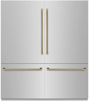 ZLINE Autograph Edition GRBITZ30472KG - ZLINE Autograph Edition 72 in. 39.6 cu. ft. French Door Built-In Bottom Freezer Refrigerator with Water Dispensers and Ice Makers in Stainless Steel with Graphite Gray Interior and Polished Gold Helix Handles (GRBITZ-30472KG) front, closed.